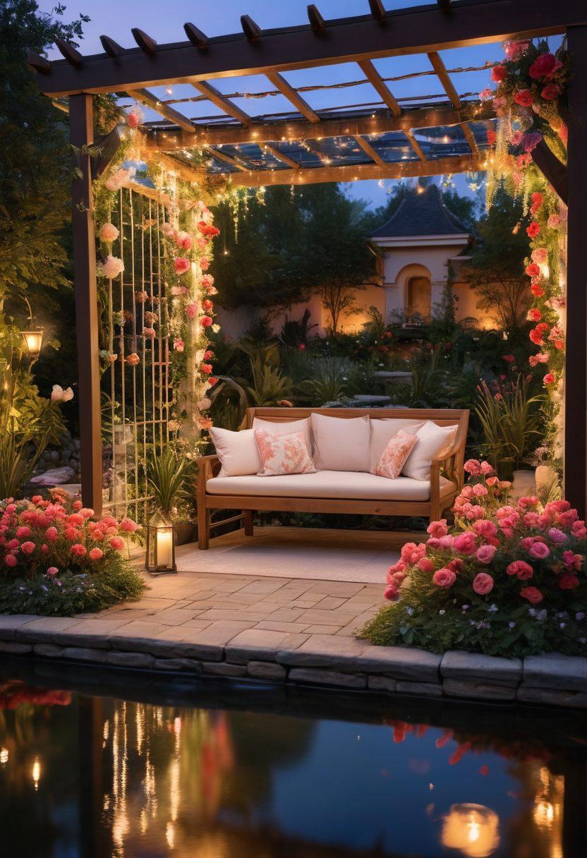 A dreamy outdoor space filled with vibrant, blooming flowers in a romantic setting. Include a cozy seating area under a floral trellis, soft fairy lights hanging above, and a serene water feature nearby. The scene should capture the essence of love, with couples enjoying the lush surroundings and a sunset in the background. super-realistic. vibrant colors. soft lighting.