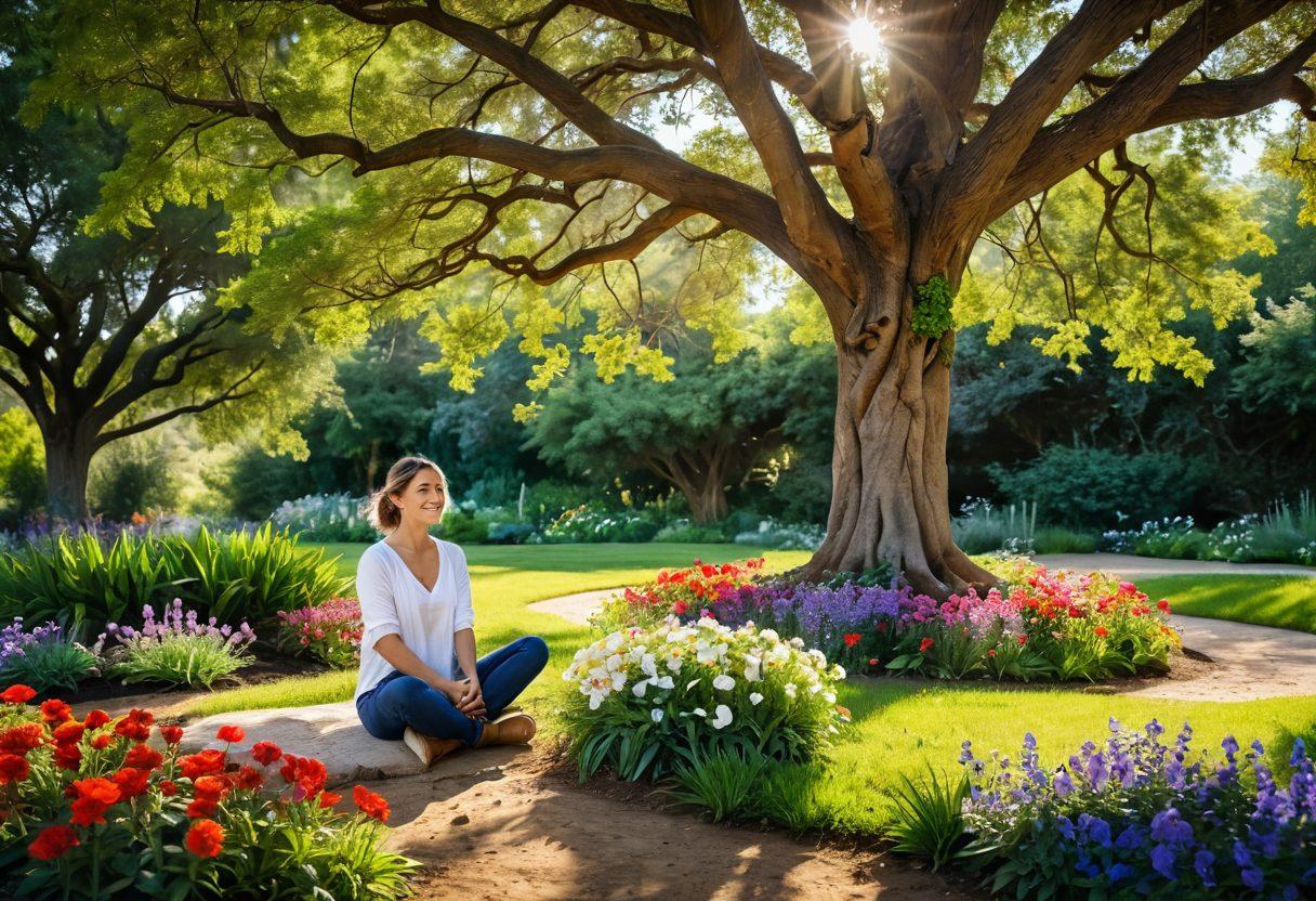 A vibrant landscape showcasing a lush garden filled with a variety of colorful flowers, rich soil, and a winding path leading to a meditative space under a large tree. In the foreground, a person sitting cross-legged with a gentle smile, surrounded by nature, illustrating the connection between soil and soul. The scene is basked in warm sunlight, highlighting the beauty of nature's harmony. super-realistic. vibrant colors. serene atmosphere.