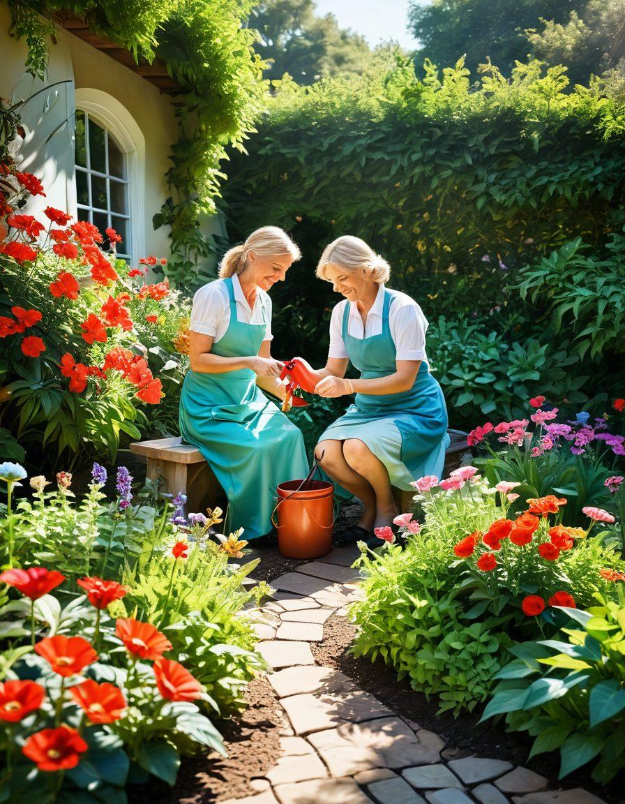 A serene garden scene showcasing a couple tending to vibrant flowers, surrounded by lush greenery and sunlight filtering through the leaves. They are smiling and sharing a tender moment, with gardening tools and pots scattered around. Include heart-shaped flowerbeds and butterflies fluttering around to symbolize romance and connection. super-realistic. vibrant colors. soft focus.